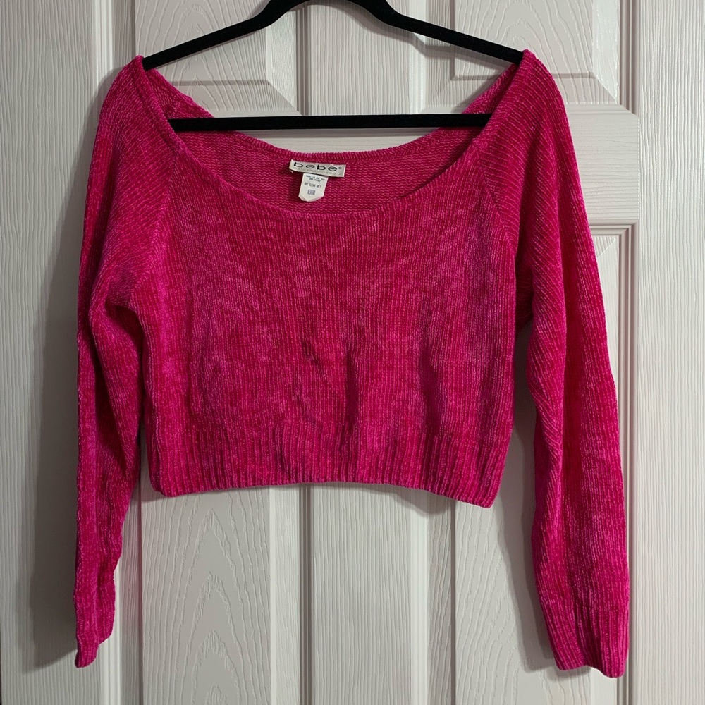VTG Bebe hot pink off the shoulder cropped knit sweater - medium - Picture 4 of 9